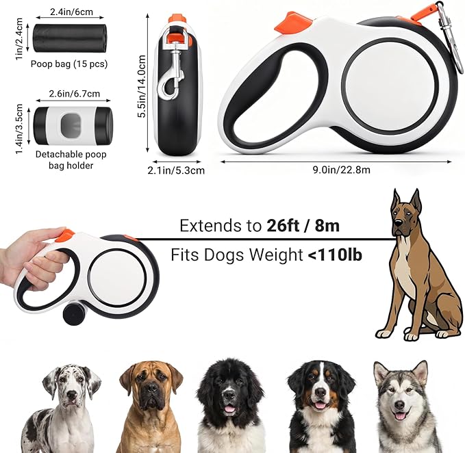 Segarty 26 Ft Walking Lead for Dogs 66 lbs - 110 lbs, 360°Tangle-Free 8m Retractable Long Leash with Detachable Poop Bag Holder for Pets Walk Outside, Anti-Slip Handle and One-Handed Brake Pause Lock