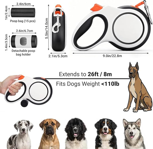 Segarty 26 Ft Walking Lead for Dogs 66 lbs - 110 lbs, 360°Tangle-Free 8m Retractable Long Leash with Detachable Poop Bag Holder for Pets Walk Outside, Anti-Slip Handle and One-Handed Brake Pause Lock