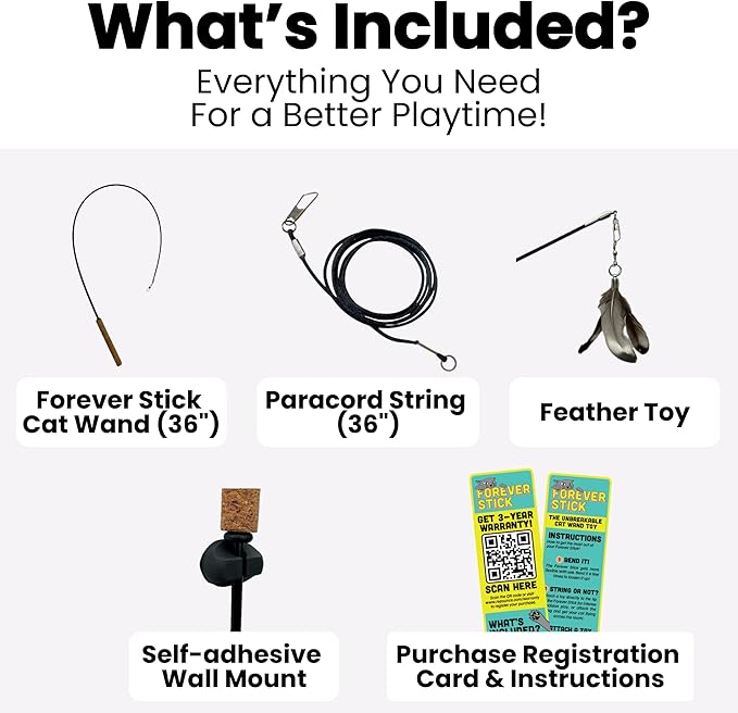 Forever Stick 2-Pack - The Unbreakable Cat Wand Toy, Durable Cat Toy Wand, Extra Long Cat String Toy, Cat Fishing Pole Toy for Bored Indoor Adult Cats, Cat Stick Toy, Cat Feather Wand, Cat Teaser Wand