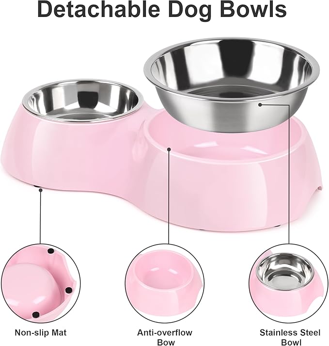 Double Dog Bowls Set – Non-Slip Pet Food & Water Dishes with Resin Stand, Includes Small (1 Cup) & Medium (2 Cups) Bowls – Ideal for Puppies and Cats– Pink
