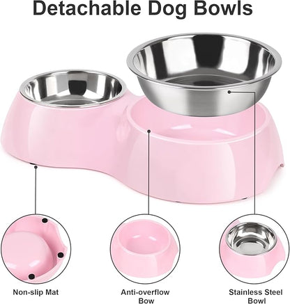 Double Dog Bowls Set – Non-Slip Pet Food & Water Dishes with Resin Stand, Includes Small (1 Cup) & Medium (2 Cups) Bowls – Ideal for Puppies and Cats– Pink