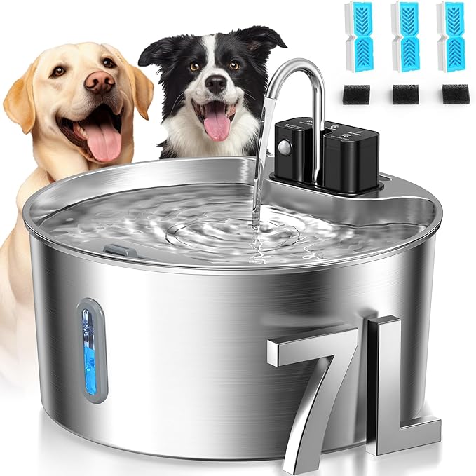 Voluas Dog Water Fountain: 1.8Gal/7L Wireless Stainless Steel Dog Fountain Bowl for Small to Large Dogs, Battery Operated Pet Water Dispenser Indoor with Ultra-Quiet Pump, Easy Clean, 3 Filter