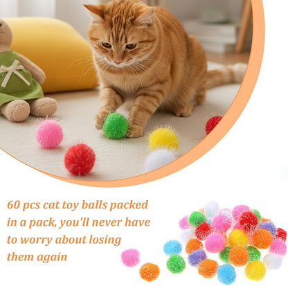 60 Pcs Cat Pom Pom Balls - 1.5 Inch Interactive Cat Ball Toy - Multicolor Sparkle Fuzzy Balls for Exercise and Entertainment