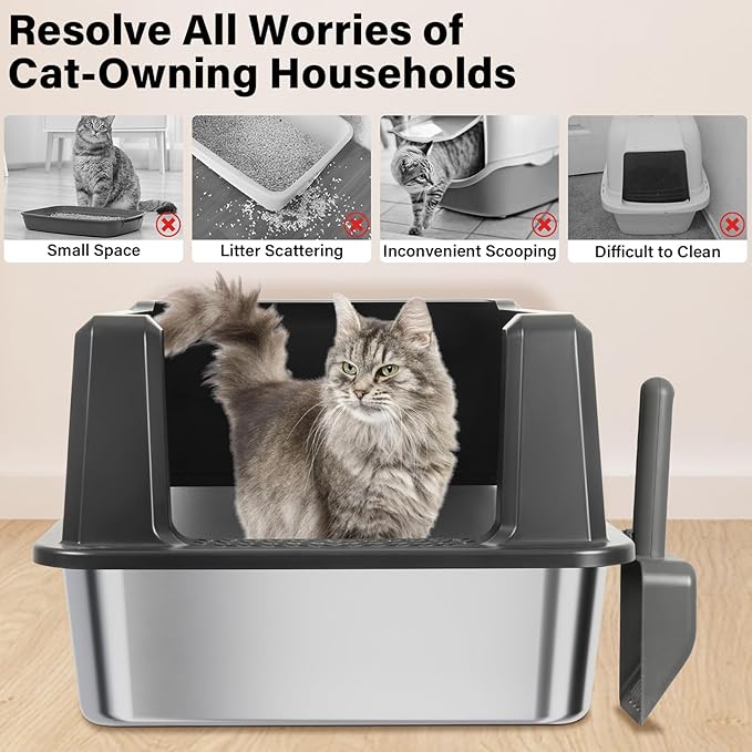 XXXL Stainless Steel Litter Box with Lid, Jumbo 28"x20"x14" Metal Litter Box with High Sides, Cat Litterbox Extra Large for Big Kitty, Multiple Cats, Never Absorbs Odors, Non-Stick