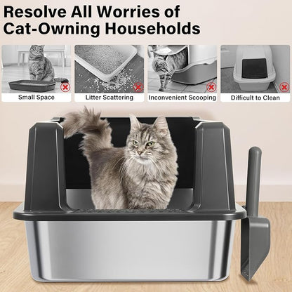 XXXL Stainless Steel Litter Box with Lid, Jumbo 28"x20"x14" Metal Litter Box with High Sides, Cat Litterbox Extra Large for Big Kitty, Multiple Cats, Never Absorbs Odors, Non-Stick