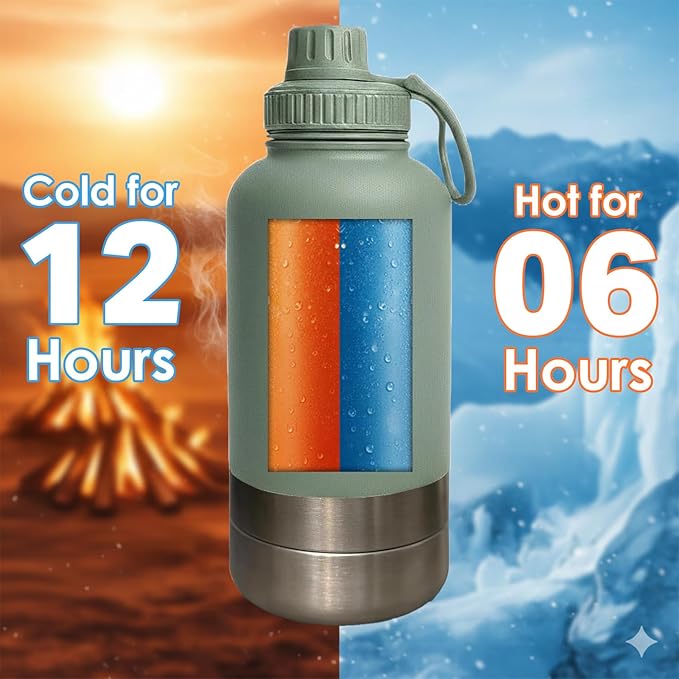Love Wag & Play Dog Water Bottle with Food Bowls, Portable Stainless Steel Bottle for Dogs, Leakproof Travel Design with Detachable Bowls for Walks, Hikes and Outdoor Adventures (32 oz)