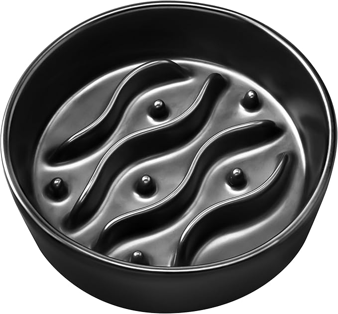 Ceramic Slow Feeder Dog Bowls for Small Dogs, 0.6 Cup Dog Slow Feeder for Fast Eater, Puzzle Maze Bowl, 14oz, 6in, Black