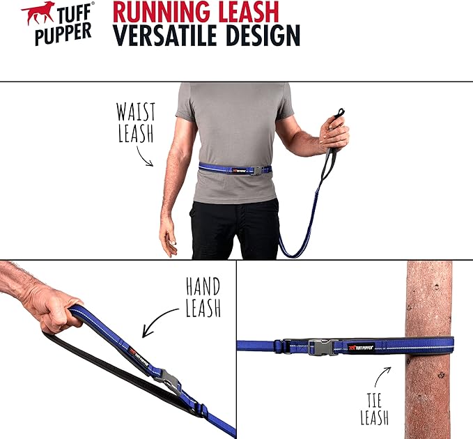 Tuff Pupper Hands Free Bungee Dog Leash | Lightweight for Running Jogging Walking | Adjustable Padded Waist Belt (24-50 inch) | Bungee Stretch 3 to 6 Feet | Strong Ballistic Nylon w/Reflective Strips