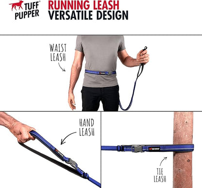 Tuff Pupper Hands Free Adjustable Length Dog Leash | Lightweight for Running Jogging Walking | Padded Waist Belt (24-50 inch) | Adjusts 3 to 6 Feet Length | Strong Ballistic Nylon w/Reflective Strips