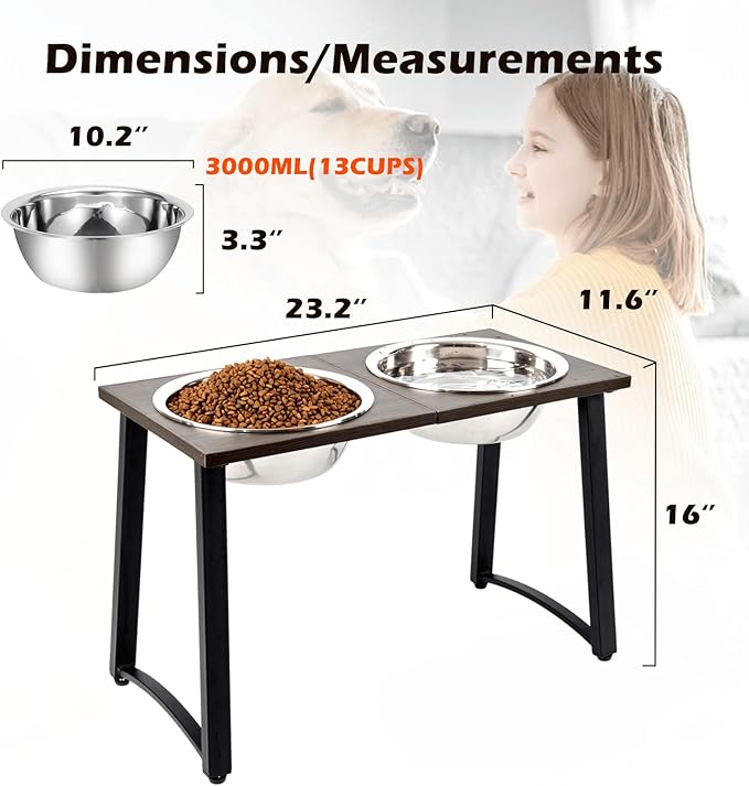 Elevated Dog Bowls for X-Large & Large Dogs, 16” Tall Raised Feeder Stand with 2×3000ML Stainless Steel Bowls and Slow Feeder, Heavy-Duty Dog Food & Water Bowl Set