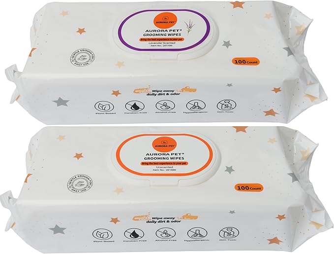 Aurora Pet Wipes – 100% Natural, Plant-Based Hypoallergenic Grooming Wipes for Dogs & Cats – Extra-Durable, Large & Thick for Effortless Cleaning (Combo, 200 Count)