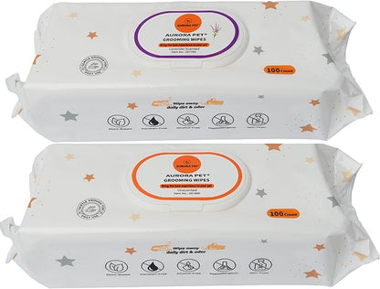 Aurora Pet Wipes – 100% Natural, Plant-Based Hypoallergenic Grooming Wipes for Dogs & Cats – Extra-Durable, Large & Thick for Effortless Cleaning (Combo, 200 Count)