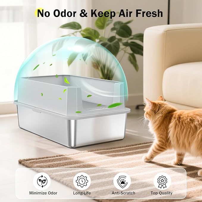 Stainless Steel Litter Box, Extra Large Litter Boxes for Big Cats, XLarge Metal Cat Litter Box with Lid, Anti-Urine Leakage XL Box with High Sides, Easy Clean, Non-Sticky, Scoop Included