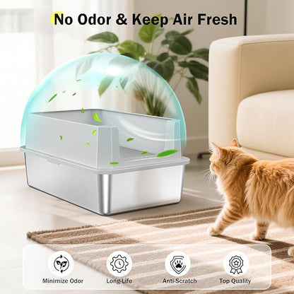 Stainless Steel Litter Box, Extra Large Litter Boxes for Big Cats, XLarge Metal Cat Litter Box with Lid, Anti-Urine Leakage XL Box with High Sides, Easy Clean, Non-Sticky, Scoop Included