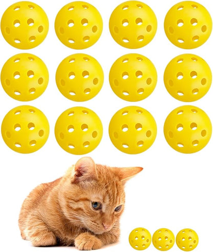 12Pcs Cat Ball Toy, Low Noise No Bells Holey Plastic Cat Balls, Funny Interactive Cats Toys for Indoor Cats, Firm Toy Balls for Kitten Puppy Ferret Bird (1.65", Yellow)