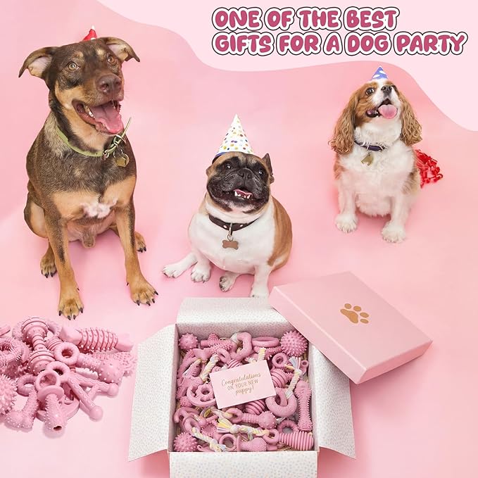 Shappy 40 Pcs Dog Chew Toys for Puppy Dog Toy Bulk Small Dogs Chew Toy for Teething, Relieves Teething Anxiety, Soft & Durable Interactive Toys for Outdoor Play Accessories, Not for Heavy Chewer(Pink)