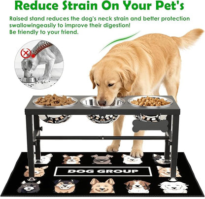SHAINFUN Metal Elevated Dog Bowls Stand for Large Dogs with Mat & Three 58oz Food Water Bowls, Adjustable Height Raised Dog Bowl Stand