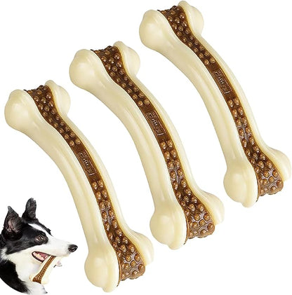 Dog Bones Chew Toys for Aggressive Chewers, 3 Pack Real Beef Flavor,Indestructible Dog Teething Chew Toys for Large/Medium/Small Breed,Tough Toy with Durable Nylon