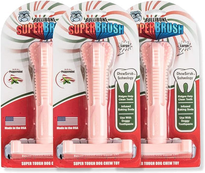 Bullibone SuperBrush Dog Dental Chew Toy for Large Breeds (3 Pack) - Pink Peppermint