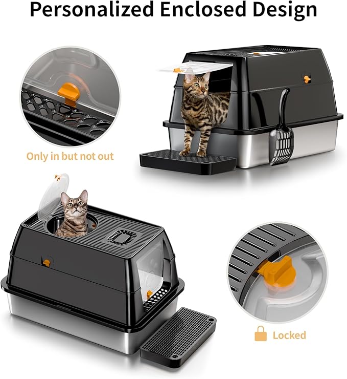 XL Stainless Steel Cat Litter Box with Lid, Extra Large Enclosed Litter Box for Big Cats, High Sided Metal Litter Pan with Removable Lid& Scoop, Odor Free, Easy Cleaning, Anti-Urine Leakage