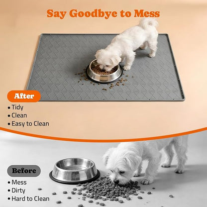 Large Silicone Dog Food Mat with Raised Edge, Waterproof Non-Slip Pet Feeding Mat for Floors, Dog Bowl Mat for Food and Water, Spill Proof Cat & Dog Feeding Placemat, Easy Clean, 34 x 22, Gray