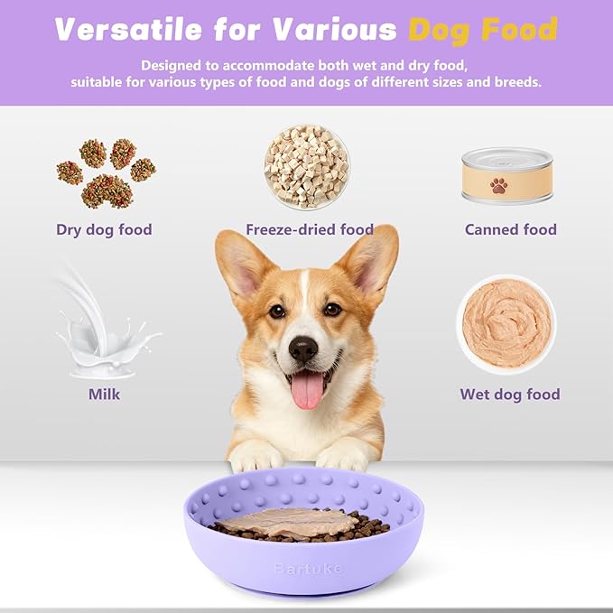 Dog Lick Bowl, Slow Feeder Dog Bowl Licking Mat for Small to Large Dogs, BPA-Free Non-Slip Silicone Slow Feeder Treat Dispenser for Anxiety Relief, Freezer & Dishwasher Safe(Purple, 8.3"x2.6")