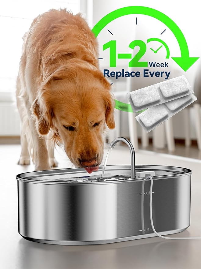 3.4Gal Dog Water Fountain for Large Dogs, 13L Stainless Steel Large Pet Fountain with Deeper & Wider Drinking Area, Automatic Dog Water Bowl Dispenser with Water Window (7 Filters)