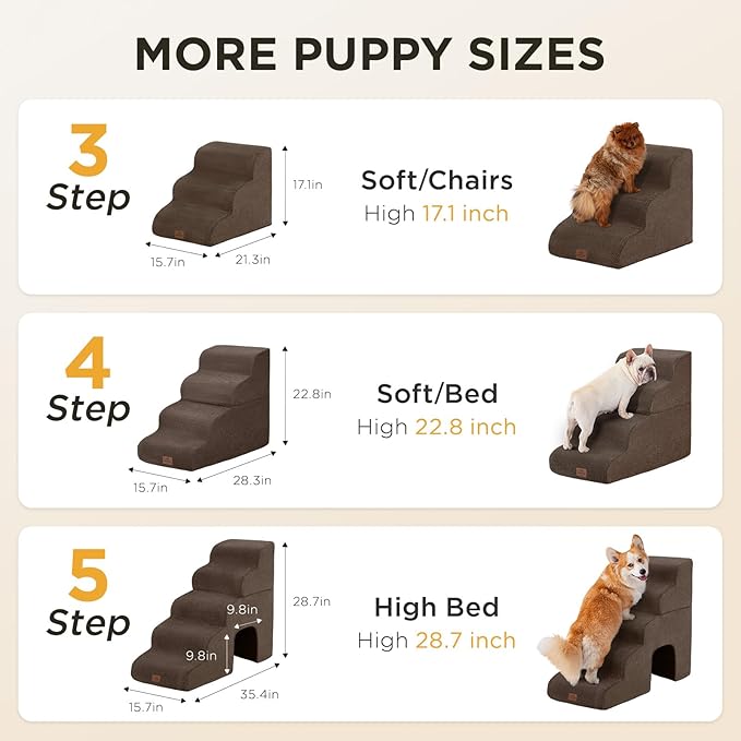 Joydeco Dog Stairs for Bed 17.1" H, 3-Step Pet Steps for Small Dogs and Cats, Dog Steps for High Bed, Non-Slip Balanced Ramp Indoor Pet Stairs, Brown