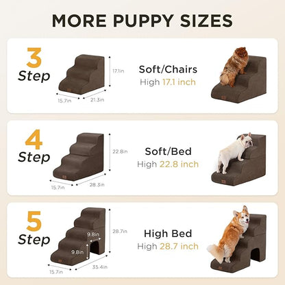 Joydeco Dog Stairs for Bed 17.1" H, 3-Step Pet Steps for Small Dogs and Cats, Dog Steps for High Bed, Non-Slip Balanced Ramp Indoor Pet Stairs, Brown