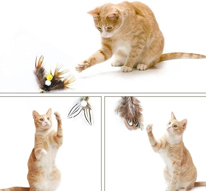 Cat Insect Feather Toys - Cat Wand and 6 Natural Insect Feathers Refill, Interactive Teaser with Bell