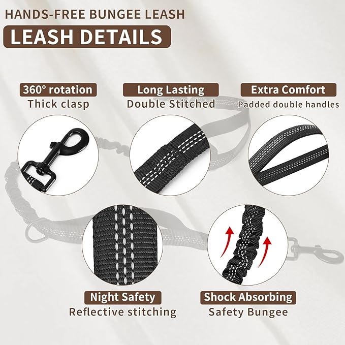 Tails & Tales Hands Free Dog Leash with Waist Pouch, Lumbar Support Upgraded, Bungee Reflective Leash, Adjustable Belt 25-55", Walking Running Hiking Training for Dogs Up to 125lbs (Black, Two Dogs)