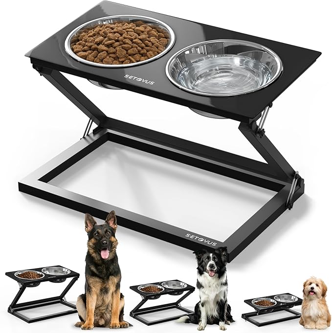 Elevated Dog Bowls for Large Medium Dogs, 3 Heights Adjustable Raised Dog Bowl Stand with 2 Stainless Steel Food Bowls 20°Tilted Elevated Easy to Clean Water Bowl (Black, Large)