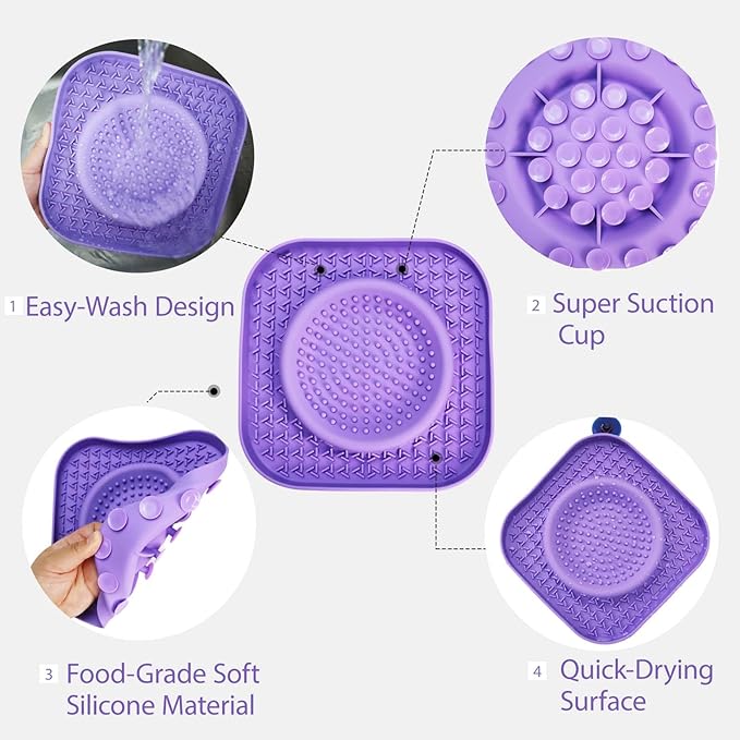 Dog Lick Bowl Mat Purple, Anxiety Relief Lick Mat for Pets, Silicone Slow Feeder Mat, Dishwasher Safe - Collapsible Dog Water Bowl