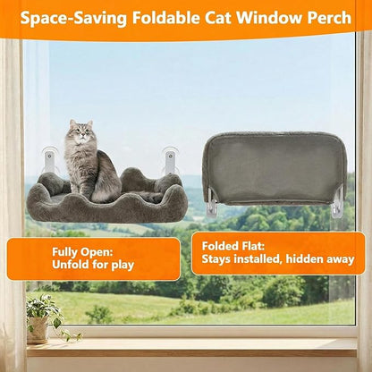 Homegroove Cat Window Perch, 24 x 12 Inch Foldable Cat Hammock for Window with 4-Sided Bolster & 4 Large Suction, Cloud Shape Cordless Window Bed for Indoor Cats (Gray, Large(24'' x 12''))