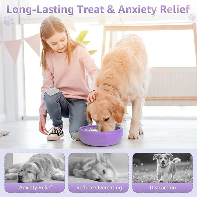 Dog Lick Bowl, ZOURYNUA Non-Slip Slow Feeder Dog Bowls, Enrichment Licking Mat for Distraction, Anxiety Relief Treat Dispenser Freezer, BPA Free Silicone & Dishwasher Safe (Purple, Small)