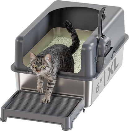 High-Sided Stainless Steel Cat Litter Box,Stainless Steel Litter Box with Lid,Extra Large Cat Toilet, Easy-to-Clean Metal Litter Pan for Cats (24''L X 16''W X 12''H with Scoop&mat)