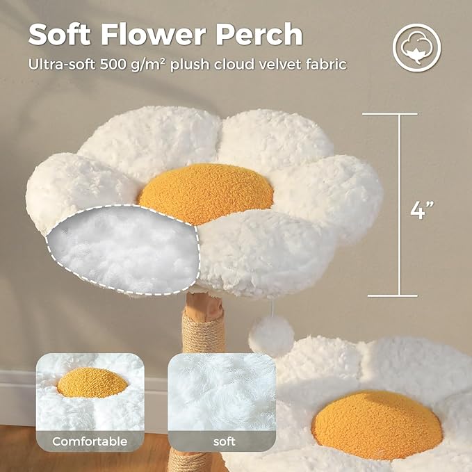 Wood Flower Cat Tree, Modern Cat Tower with Real Wood Branches, Luxury Boho Furniture with Scratching Post and 2 Perches, Cat Climbing Tower for Indoor Cats, Cloud White