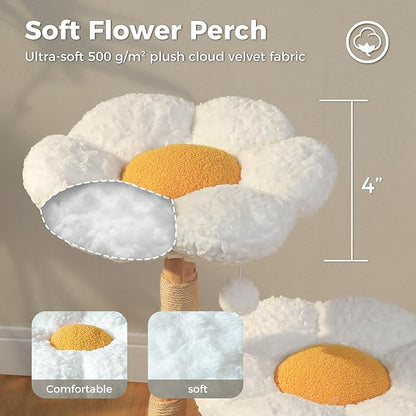 Wood Flower Cat Tree, Modern Cat Tower with Real Wood Branches, Luxury Boho Furniture with Scratching Post and 2 Perches, Cat Climbing Tower for Indoor Cats, Cloud White