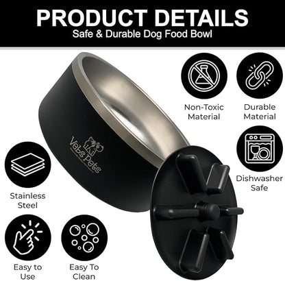 64 oz Premium Insulated Stainless Steel Dog Bowl - Non-Slip, Spill-Proof, BPA-Free - Includes A Slow Feeder Insert, Dog Dish, Water and Food Bowl Feeding of Large and Medium Dogs - Black
