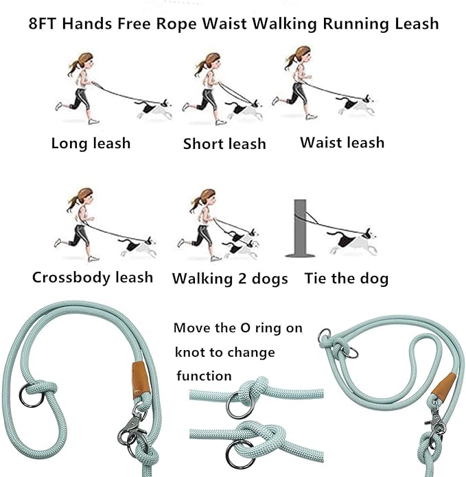 8FT Hands Free Dog Rope Leash, Waist Body Running Leash for Dog Walking (Harbor Gray, 8FTx10MM)