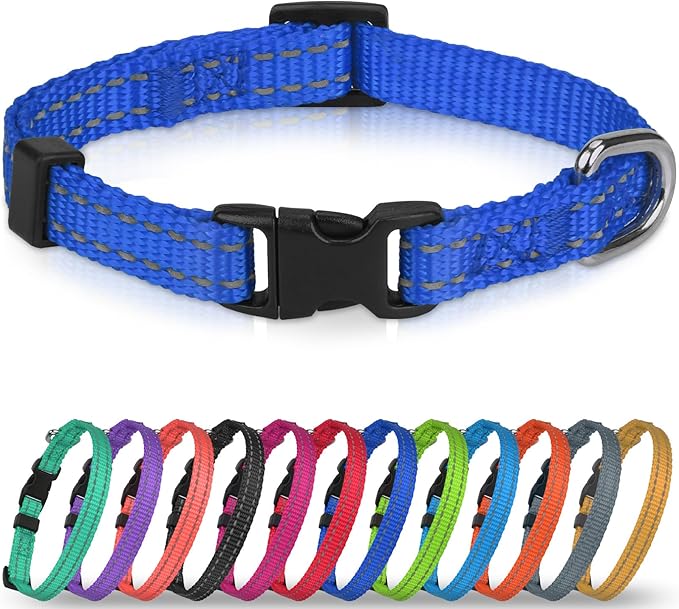 Joytale Puppy Collar, Feather-Light Double-Sided Reflective Nylon Collar for Night Safety, Adjustable Quick-Release for Extra Small Dogs, Navy Blue, XS (3/8" Width)