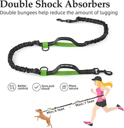 Mile High Life Hands Free Waist Leash for Dog Running Training and Jogging, Adjustable Belt with Double Handle, Reflective Bungee for Medium Large Dogs (Green, 7FT)