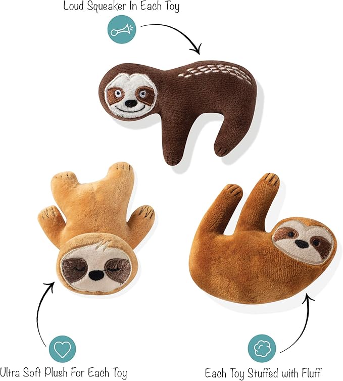 Fringe Studio 3PCS Plush Dog Toy Set, Basic Sloths, PetShop Collection (289406)