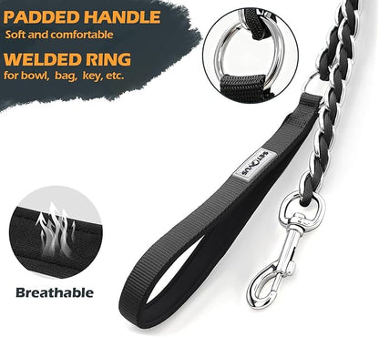 Chain Dog Leash Chew Proof Metal Leash for Medium Large Dogs, Chain Link Dog Anti Chew 5.2FT / 4FT Strong Anti Bite Comfortable Soft Padded Handle (Black, 4FT(5-30lb))
