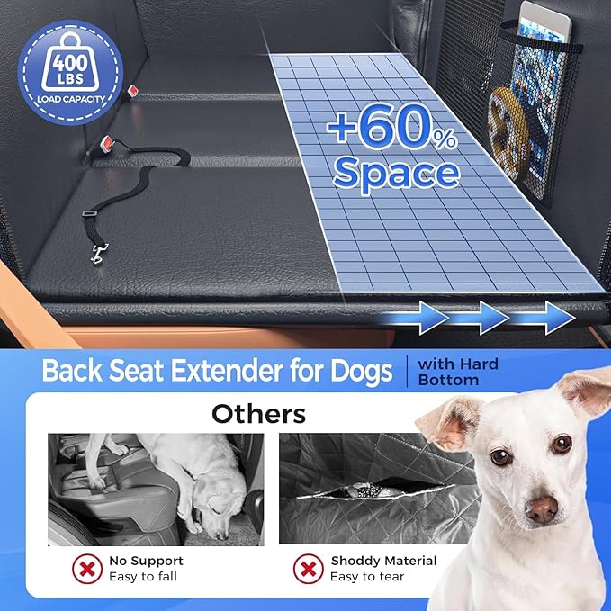 HOB4U Back Seat Extender for Dogs, Hard Bottom Dog Car Seat Cover for Truck Back Seat, Upgraded PU Leather Dog Hammock for Car, Waterproof, Anti Scratch, Larger Space,（Holds 400lbs）