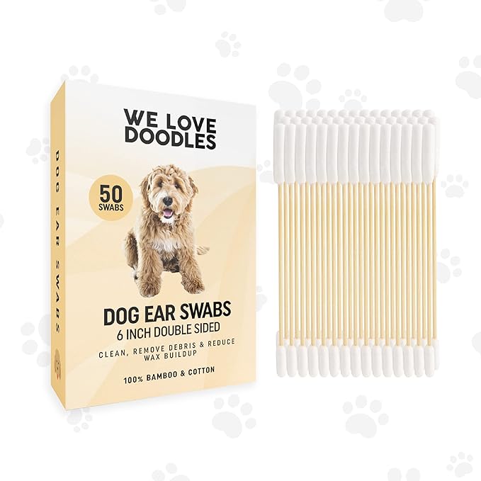 We Love Doodles Long Cotton Dog Ear Swabs | Double Sided Cotton Swabs for Dogs | Large Wooden Cleaner Balls Tool | Swabs to Flush Puppy Ears | Clean Wood Buds for Pet Ears | Wipes Solution Swabs