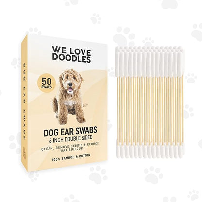 We Love Doodles Long Cotton Dog Ear Swabs | Double Sided Cotton Swabs for Dogs | Large Wooden Cleaner Balls Tool | Swabs to Flush Puppy Ears | Clean Wood Buds for Pet Ears | Wipes Solution Swabs