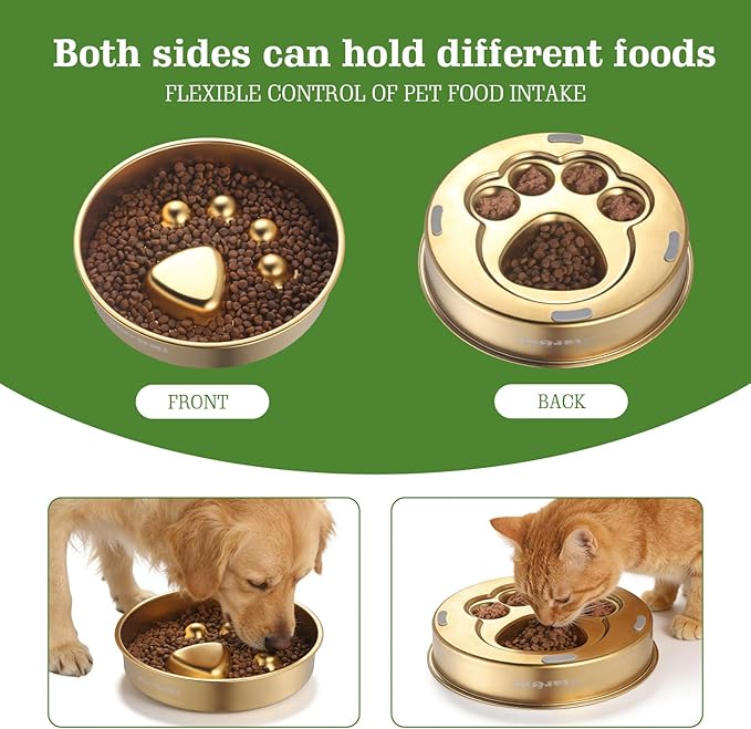 Golden Stainless Steel Slow Feeder Dog Bowls – Non-Slip Metal Dog Bowl for Large & Medium Breeds, Puppy Puzzle Feeder – 2 Cup Capacity for Small to Big Pets – Durable Slow Feed (Paw-Golden)