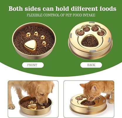 Golden Stainless Steel Slow Feeder Dog Bowls – Non-Slip Metal Dog Bowl for Large & Medium Breeds, Puppy Puzzle Feeder – 2 Cup Capacity for Small to Big Pets – Durable Slow Feed (Paw-Golden)