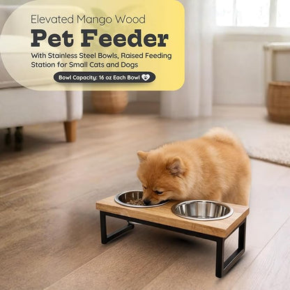 Elevated Dog Bowls, 4” Small Dogs & Cats Raised Bowl Mango Wood Stand, Food & Water 2 Stainless Steel Dishes Each 16oz/2Cup Capacity, Non-Slip Pet Feeder Station in Brown for Toy Breeds